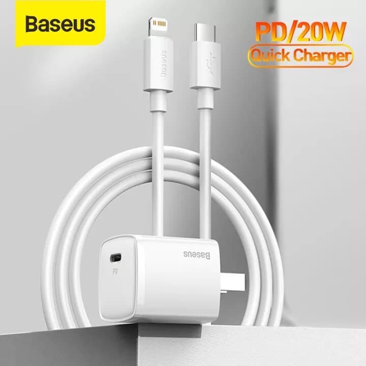 Sạc Nhanh Baseus 20W USB C Hỗ Trợ Sạc Nhanh Type C PD Cho iPhone - Công Nghệ Power Delivery 3.0 QC 3.0 - Hàng Chính Hãng - Combo Củ Cáp Trắng
