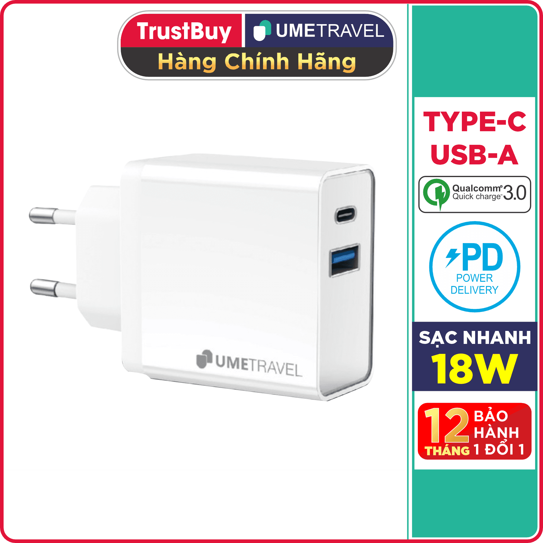 Củ Sạc UMETRAVEL A4 Sạc Nhanh PD 18W, 2 Cổng USB và Type C, Đạt Tiêu Chuẩn Châu Âu - Hàng Chính Hãng