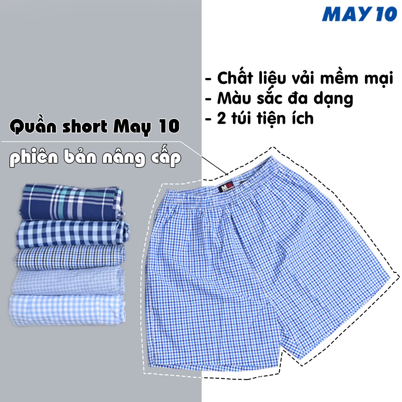 Combo 2 quần đùi nam May 10 phiên bản có túi 2 bên, màu ngẫu nhiên - M
