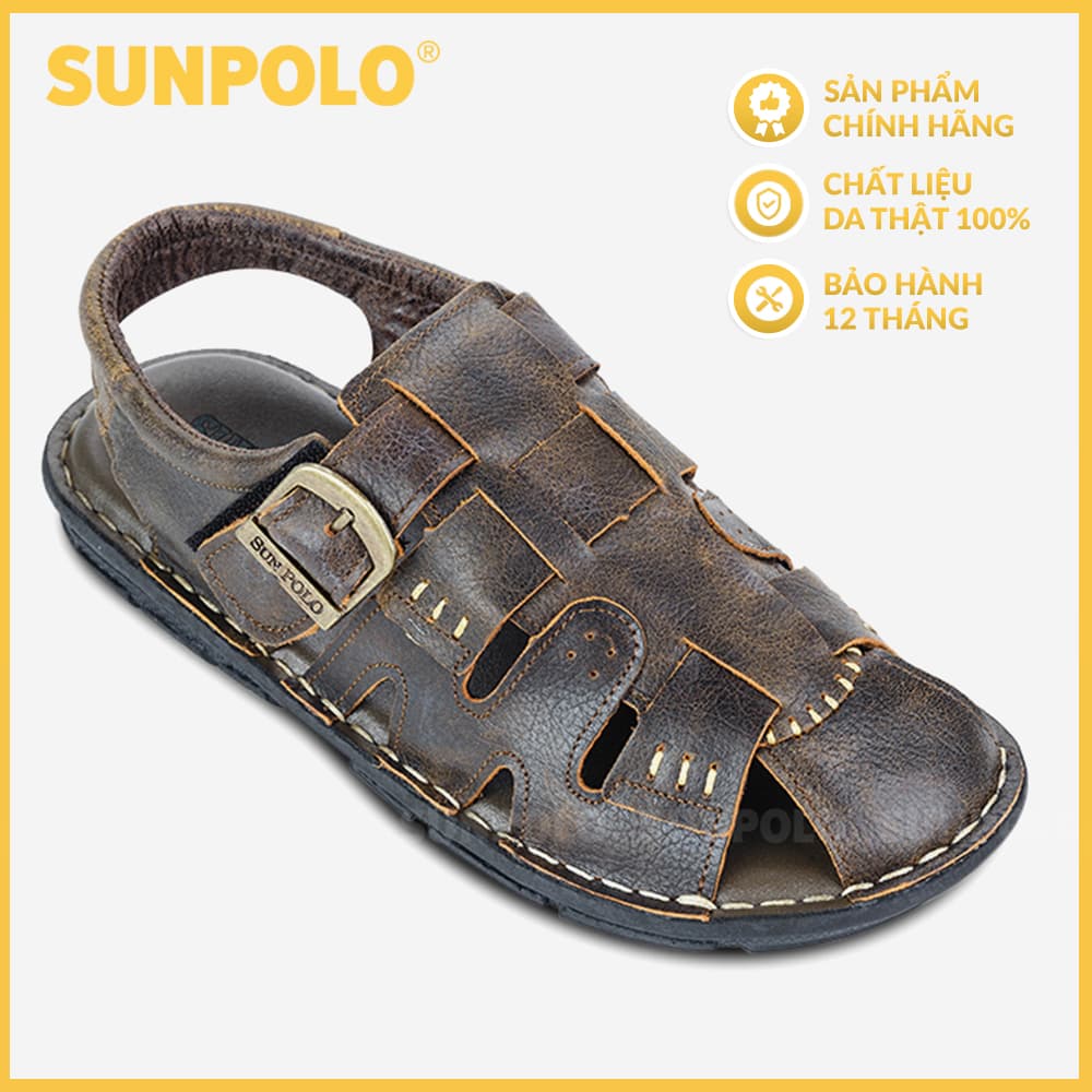 Giày Sandal Nam Da Bò Bít Mũi Cao Cấp SUNPOLO SDA011 Nâu, Đen - 43 - Màu Nâu