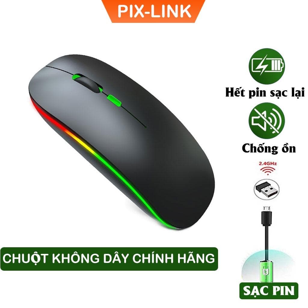 Chuột Không Dây PIX-LINK P402 Sạc Pin, Không Tiếng Click, Led Đổi Màu, DPI1600 - Hàng Chính Hãng - Đen