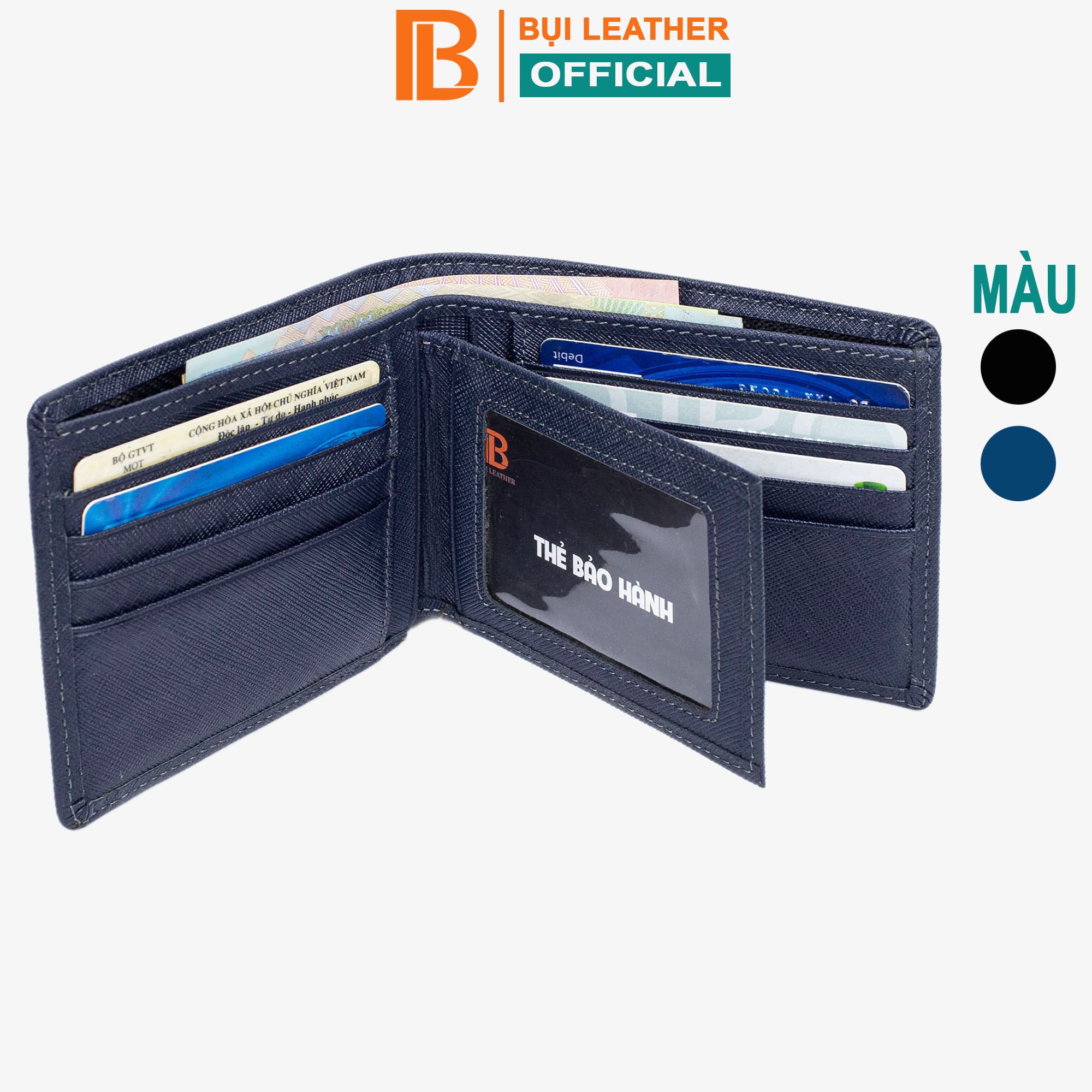 Ví nam, bóp nam da bò Saffiano Bụi Leather V141 - Bảo hành 12 tháng - Ngang xanh navy