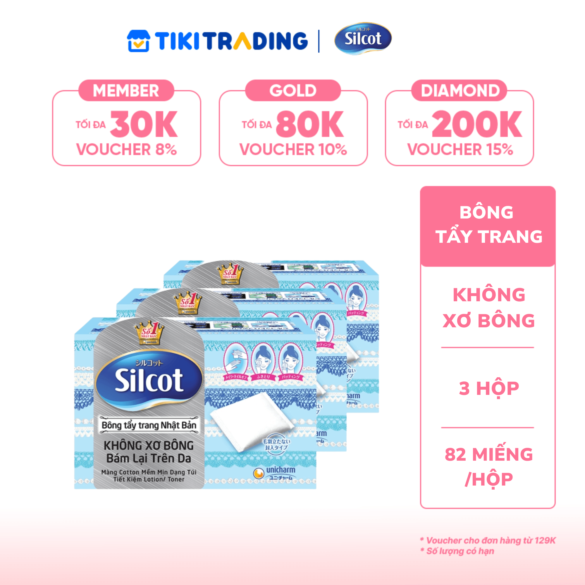 Bộ 3 Hộp Silcot Bông Trang Điểm bông tẩy trang Nhật Bản 82 MiếngHộp