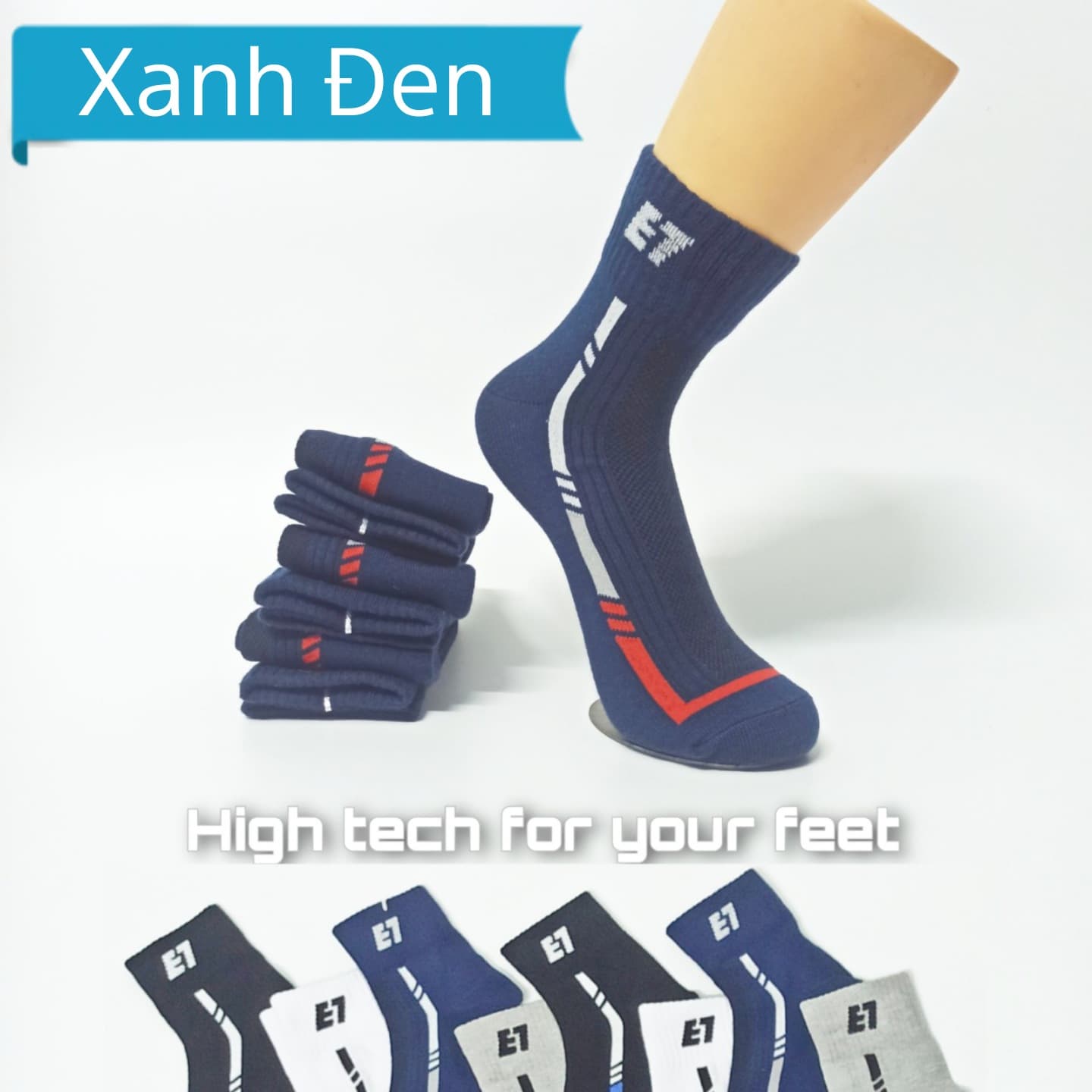 Vớ Tất Thể Thao Cổ Trung Cotton Cao Cấp AS-S201. Dày dặn, mềm mại, kháng khuẩn khử mùi, không hôi chân.  4 màu Trắng, Đen, Xanh, Xám - Xanh đen - Free Size