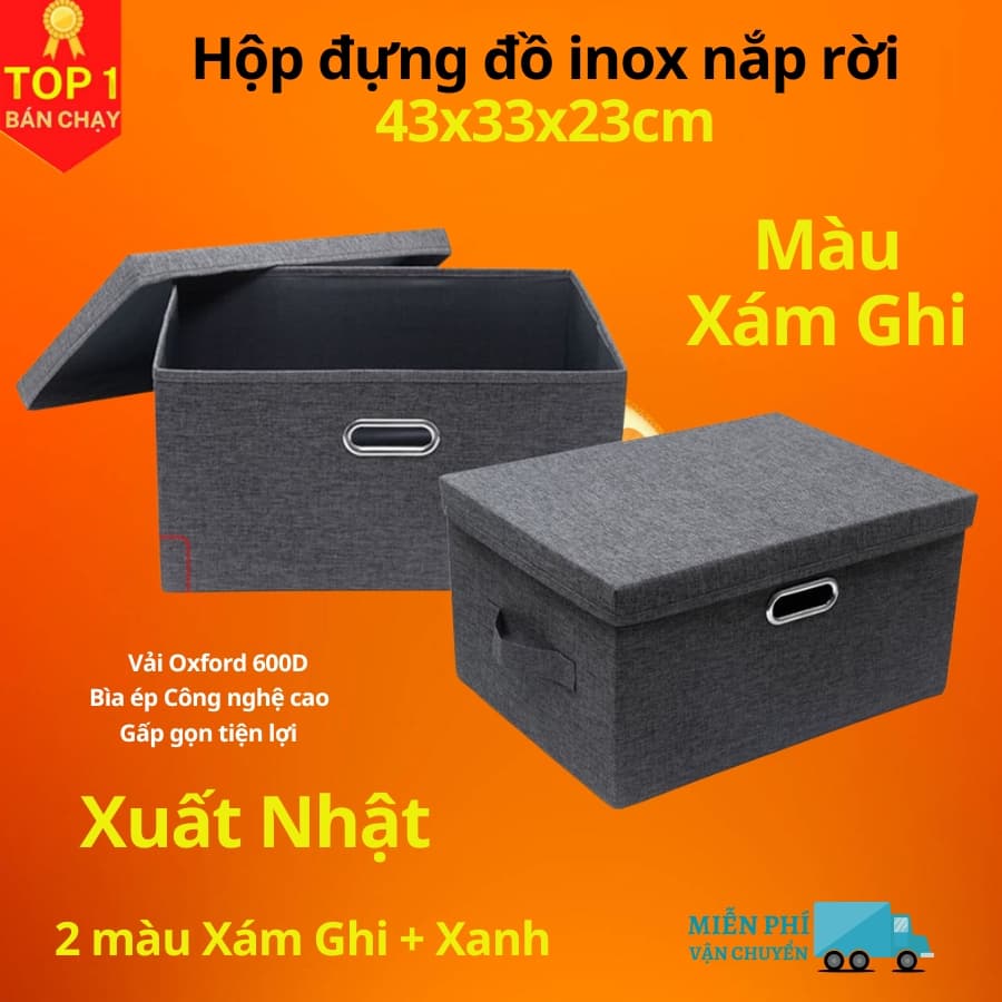 Hộp vải đựng đồ đa năng có nắp TD3a và TD3b  Túi vải Thụy Điển có nắp rời 34L sang trọng vải Oxford chính hãng - Có Khoen Inox Đen Ghi