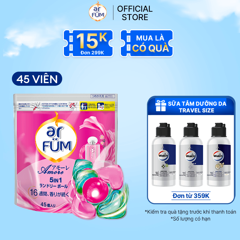 Viên giặt Quần áo arFUM 5 trong 1 MỚI thơm tinh dầu nước hoa, khử khuẩn 99 - 4 mùi hương túi 45 viên - Amore