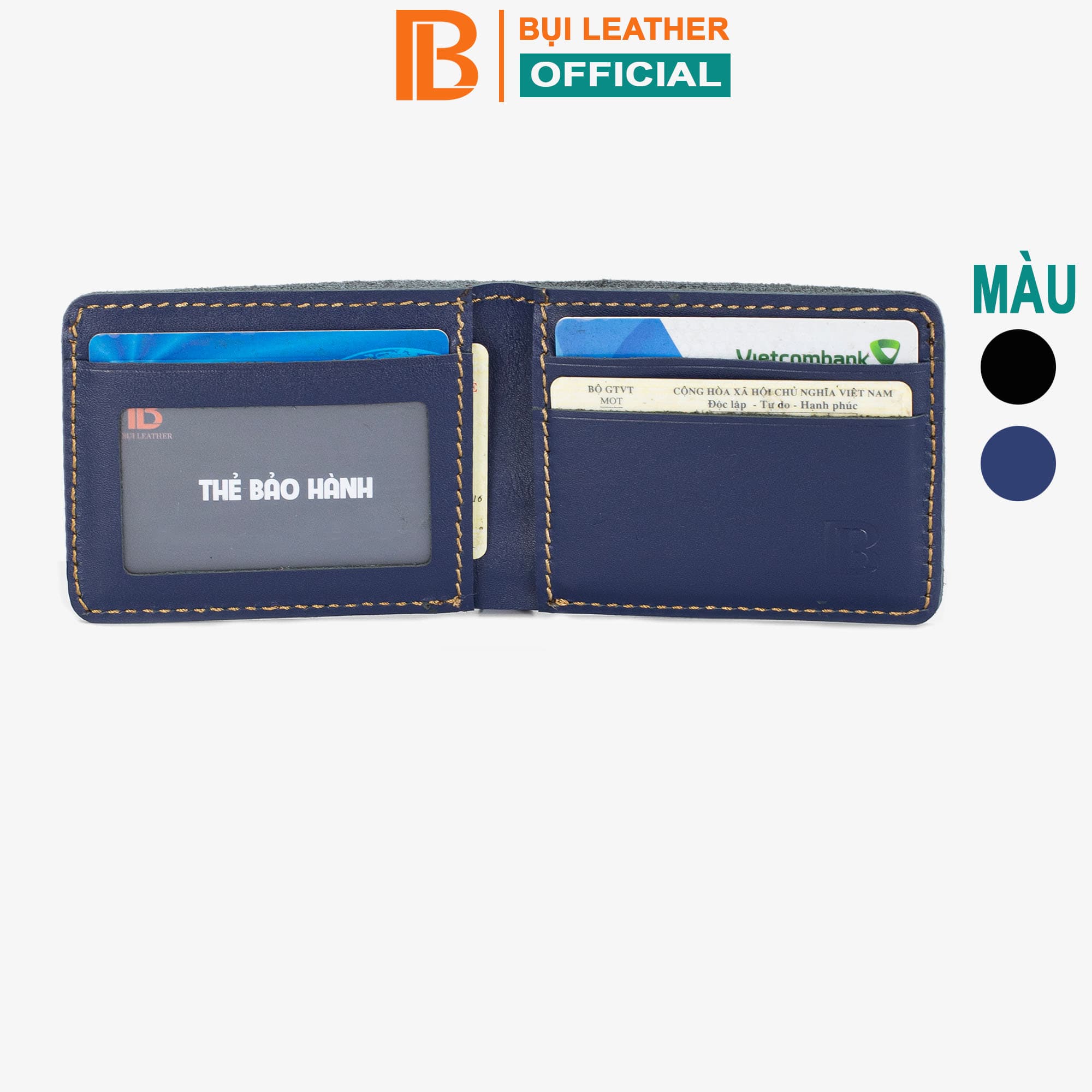 Ví da nam, bóp da nam mini Bụi Leather V115 - Da bò Nappa cao cấp - Bảo hành 12 tháng - Ví ngang xanh navy