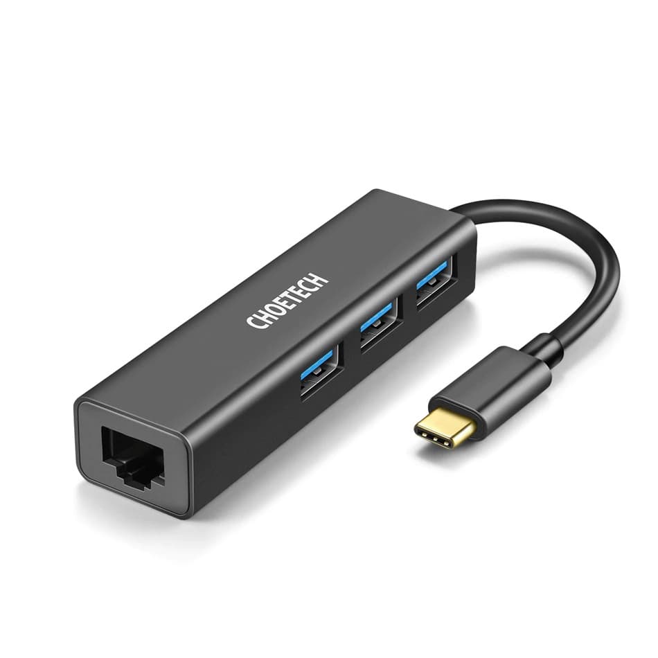 Hub Adapter chuyển đổi 4 in 1 Type-C ra 3 cổng USB 3.0 & cổng LAN RJ45 hiệu CHOETECH U02BK dùng cho Macbook Laptop tốc độ cao, kết nối nhiều thiết bị, kết nối internet có dây - Hàng chính hãng - Đen