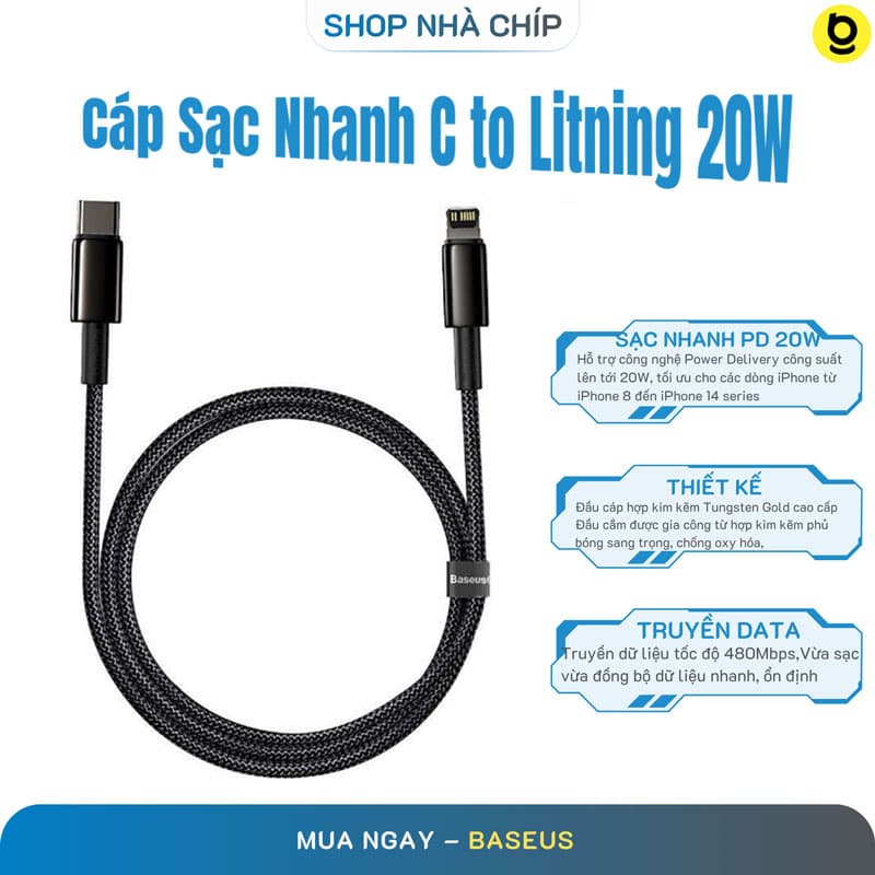 Cáp sạc nhanh, siêu bền C to IP 20W Baseus Tungsten Gold dùng cho iPhone 12 iP11 Series iPXS Max 20W, Fast Charging & Data Cable- Hàng chính hãng - 1 mét