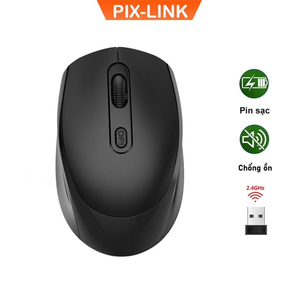 Chuột Không Dây PIX-LINK P100 Wireless 2.4Ghz Sạc Pin, Chống Ồn, DPI1600 Dùng Cho Máy Tính, Laptop, Tivi-Hàng Chính Hãng - Đen