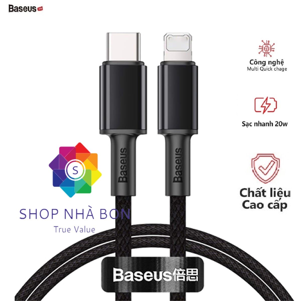 Cáp sạc Baseus PD20W Baseus High Density kêt nôi Type-C sang iPhone dai 100CM  3 màu  - Hàng chính hãng - Đen