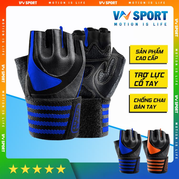 Găng Tay tập Gym Có dây Quấn Trợ Lực Cổ Tay VNS002 WEIGHT LIFTING GLOVES, Găng Tay Tập Gym Cao Cấp Có Phủ Da Trên Mu bàn Tay, Chống Chai Sần Lòng Bàn Tay, Bảo Vệ Khớp Cổ Tay - L - xanh dương