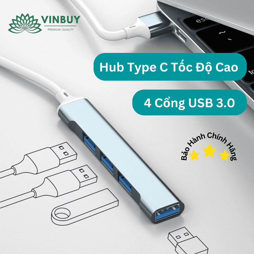 Hub USB 3.0 Và Hub Type C Đầu Ra 4 Cổng USB 3.0, Cổng Chuyển Đổi Dành Cho Macbook, Laptop, PC -  Hàng Chính Hãng - ĐẦU CẮM TYPE C - MÀU BẠC