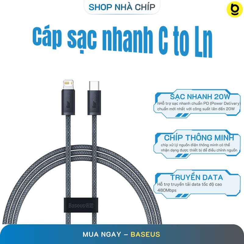 Cáp sạc nhanh siêu bền C to IP Baseus Dynamic Series FAST CHARGING DATA CABLE 20W dùng cho IP 13,12,... - Hàng chính hãng - 1m - Đen Xam