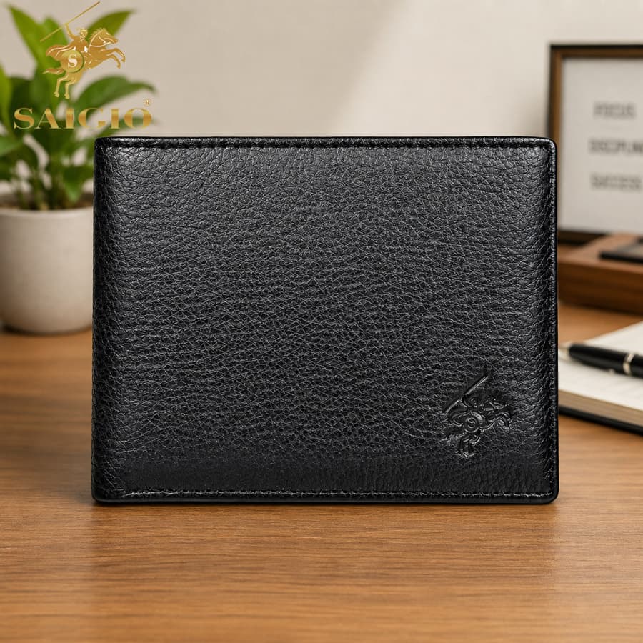 Ví Da Nam Mềm Mại GENTLE, Size Lớn, Da Bò 100, Thiết Kế Nhiều Ngăn, Đựng Giấy Tờ Xe, Đựng Tiền và Thẻ Tiện Dụng, Dáng Ngang - Gập 2 - Hàng Chính Hãng SAIGIO - Đen