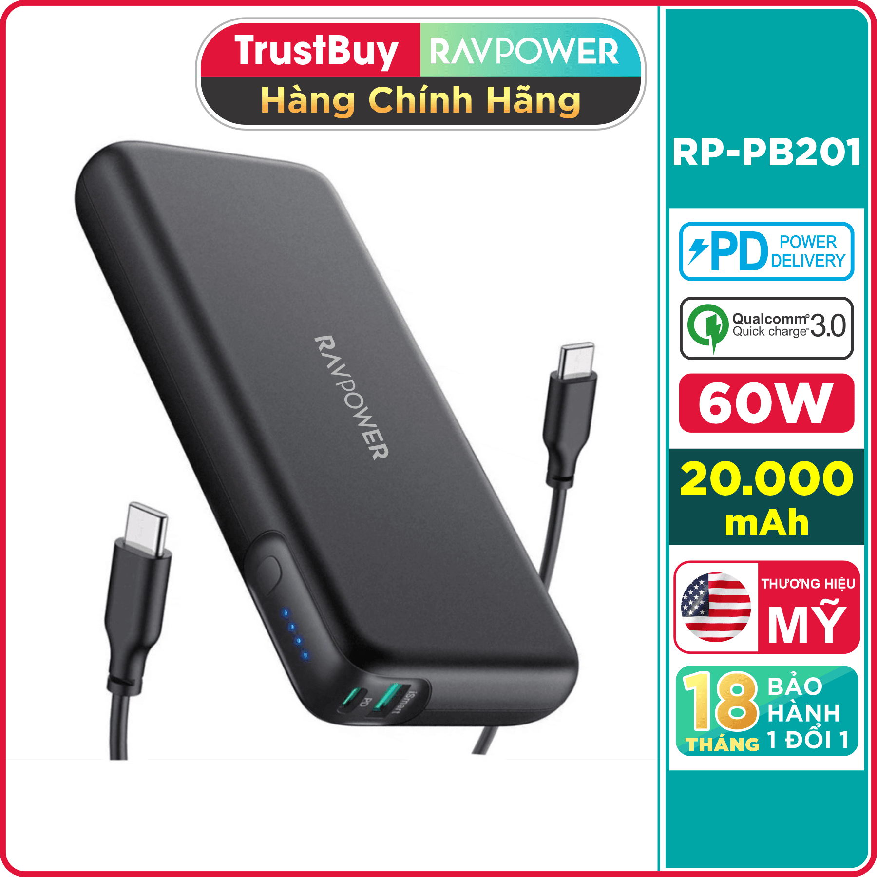 Pin Sạc Dự Phòng RAVPower 20000mAh Quick Charge 3.0 PD 60W, InOut Type-C, Sac Đươc Macbook - RP-PB201 - Hàng Chinh Hang