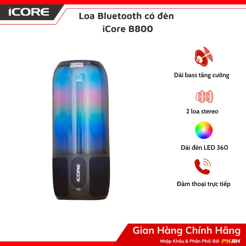 Loa Bluetooth có đèn iCore B800 - Hàng Chính Hãng - Đen Black