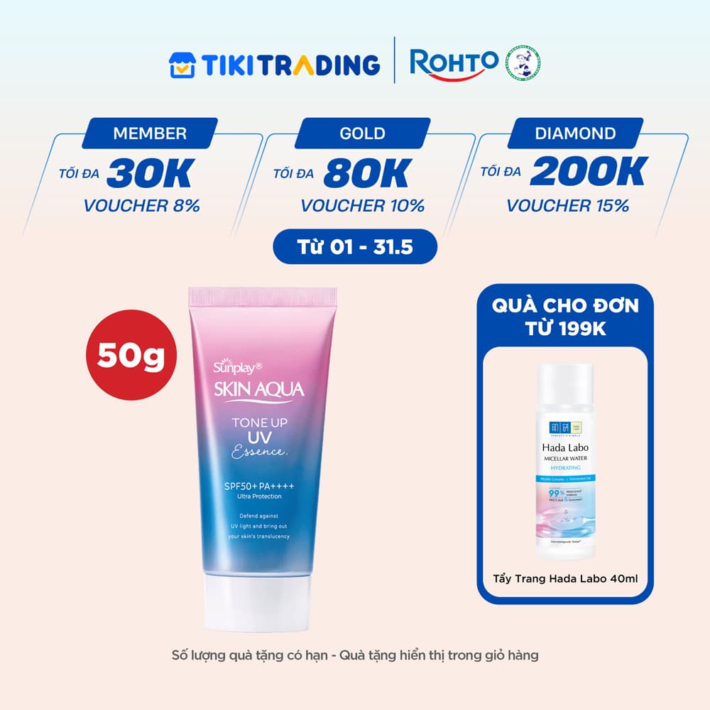 Tinh chất chống nắng nâng tông Skin Aqua Tone up Lavender cho da tối màu & da vàng Sunplay Skin Aqua Tone Up UV Essence Lavender SPF 50 PA 50g
