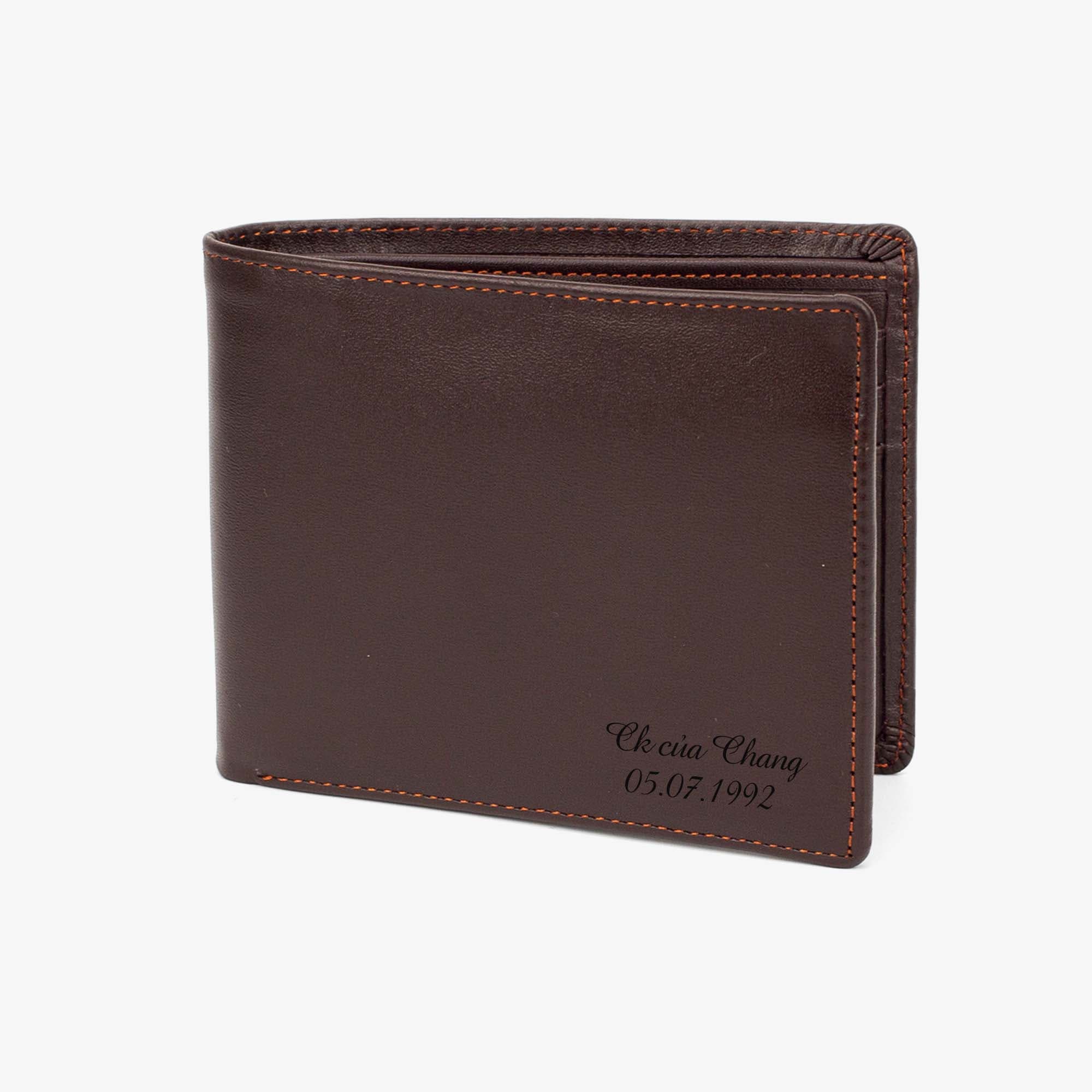 Ví nam da bò khắc tên theo yêu cầu V101K - Bụi leather - Ngang nâu