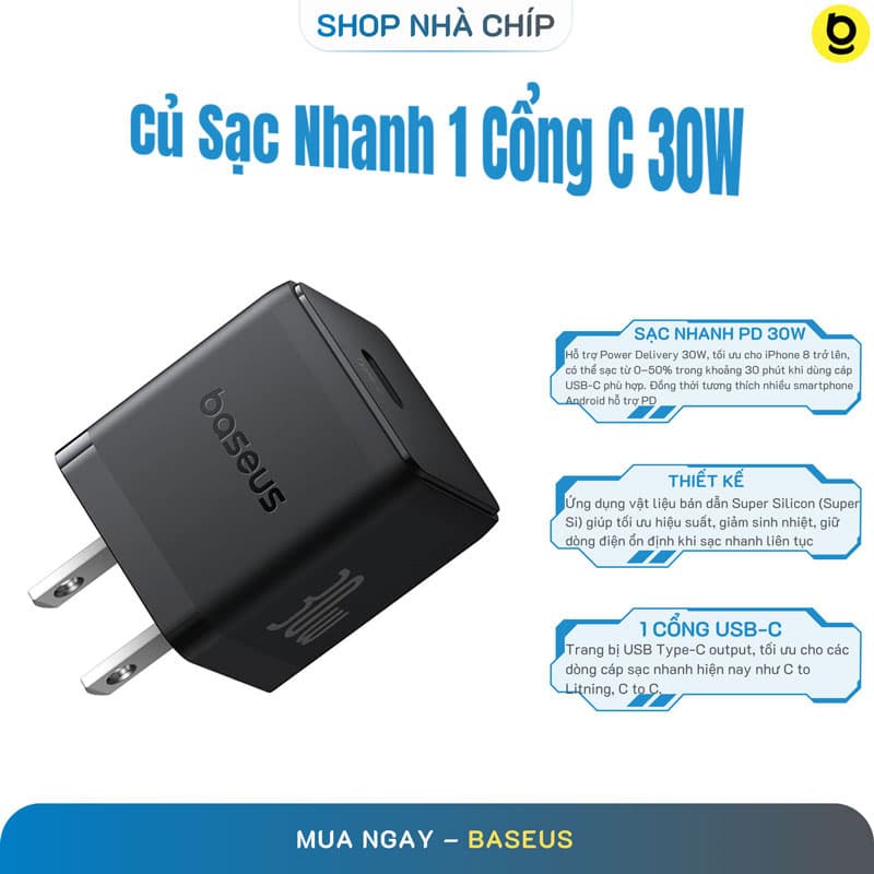 Củ sạc nhanh Baseus 30W, Củ sạc Baseus Si 30W, Củ sạc Baseus Super Si Quick Charger 30W dùng cho iPhone Samsung OPPO... 30W, Type C, PD QC3.0 Quick charger - Đen