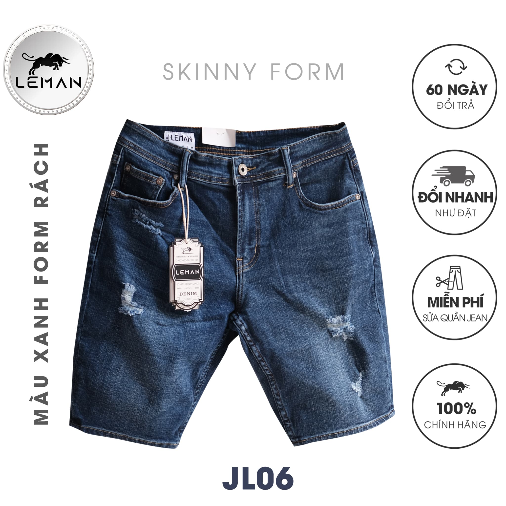 Quần Short Jean nam Leman xanh rách JL06 - Skinny Form - Xanh jean - 32