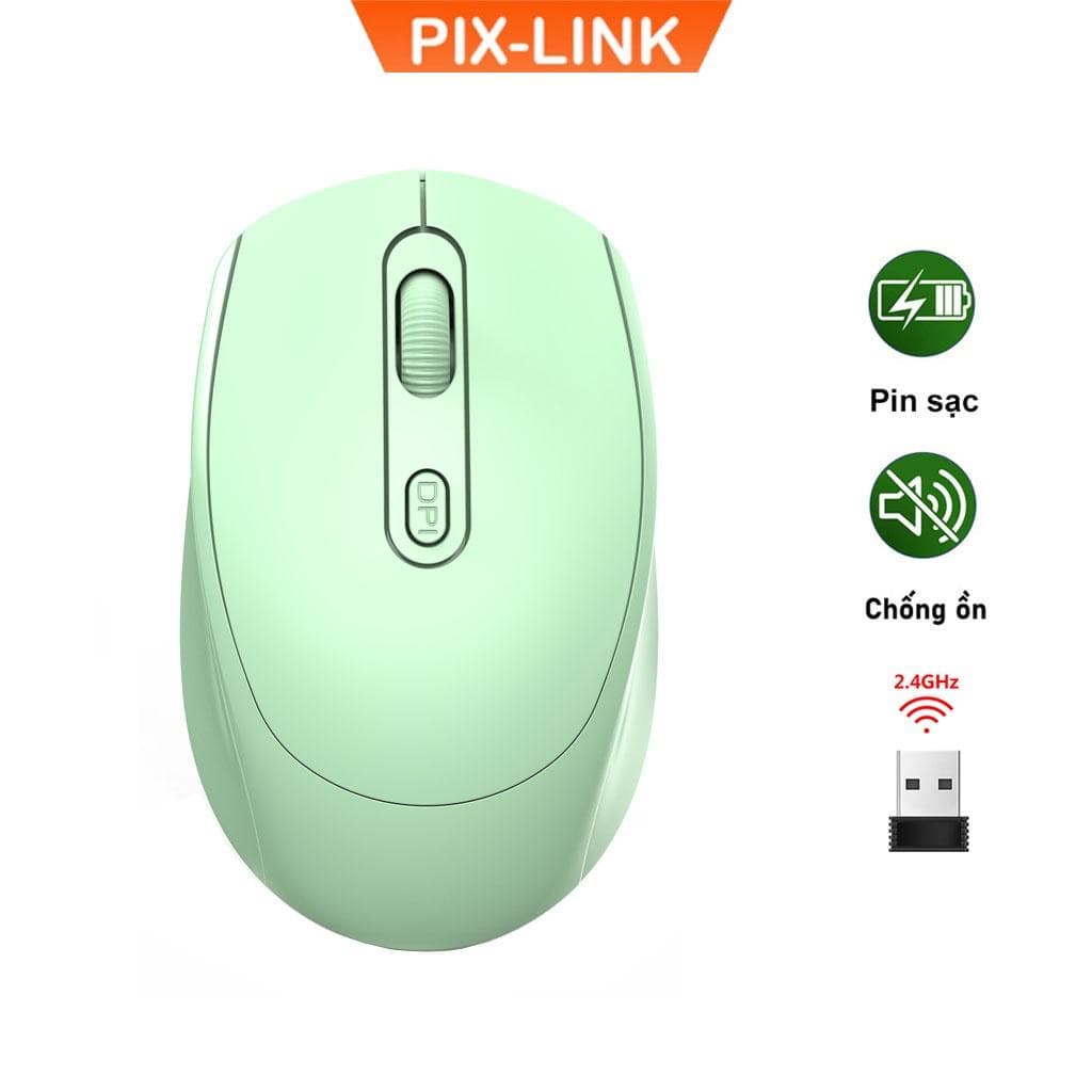 Chuột Không Dây PIX-LINK P100 Wireless 2.4Ghz Sạc Pin, Chống Ồn, DPI1600 Dùng Cho Máy Tính, Laptop, Tivi-Hàng Chính Hãng - Xanh Cốm