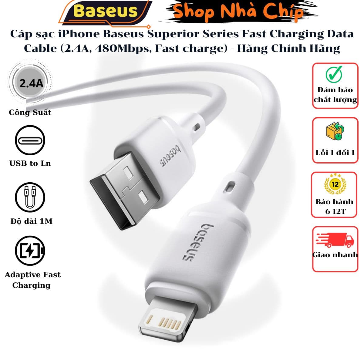 Cáp sạc iPhone Baseus Superior Series Fast Charging Data Cable 2.4A, 480Mbps, Fast charge, ABS TPE Cable -  Hàng Chính Hãng