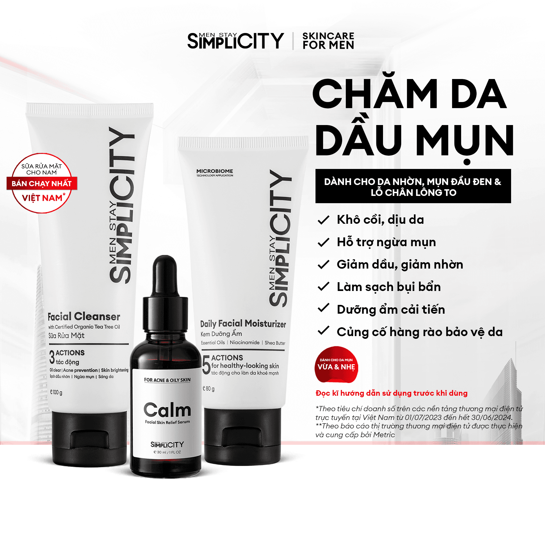 Bộ sản phẩm Men Stay Simplicity chăm sóc da dầu mụn cho nam Acne Relief Skincare Trio Sữa rửa mặt 100g x Serum 30ml x Kem dưỡng ẩm 80g