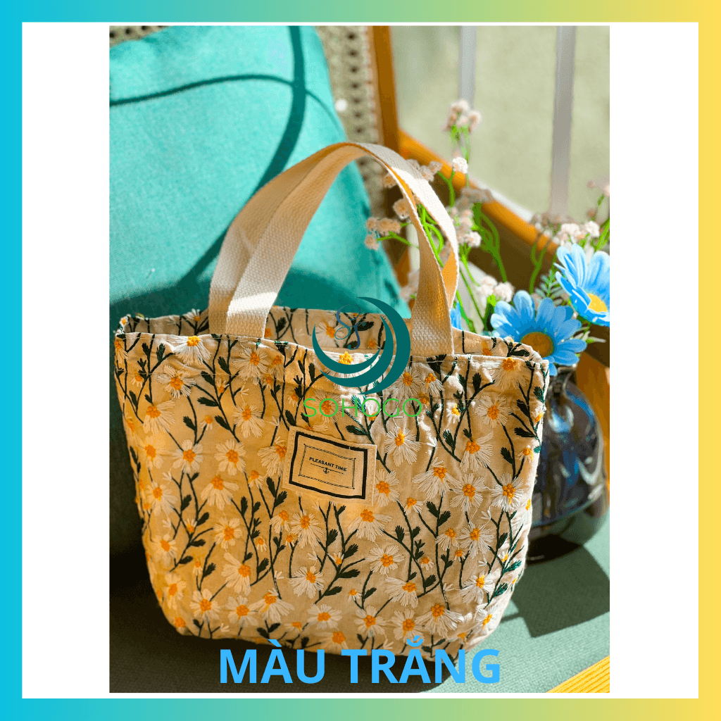 CHỌN MÀU-Túi xách thời trang nữa họa tiết thêu hoa cúc nhỏ 30x21x10cm-Túi Tote handmade - Màu Trắng