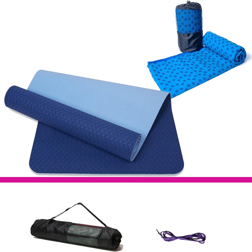 Combo Bộ Thảm Tập Yoga TPE 6mm 2 lớp  Khăn Trải Thảm  Màu Ngẫu Nhiên - Xanh Dương - 6mm 2 lớp