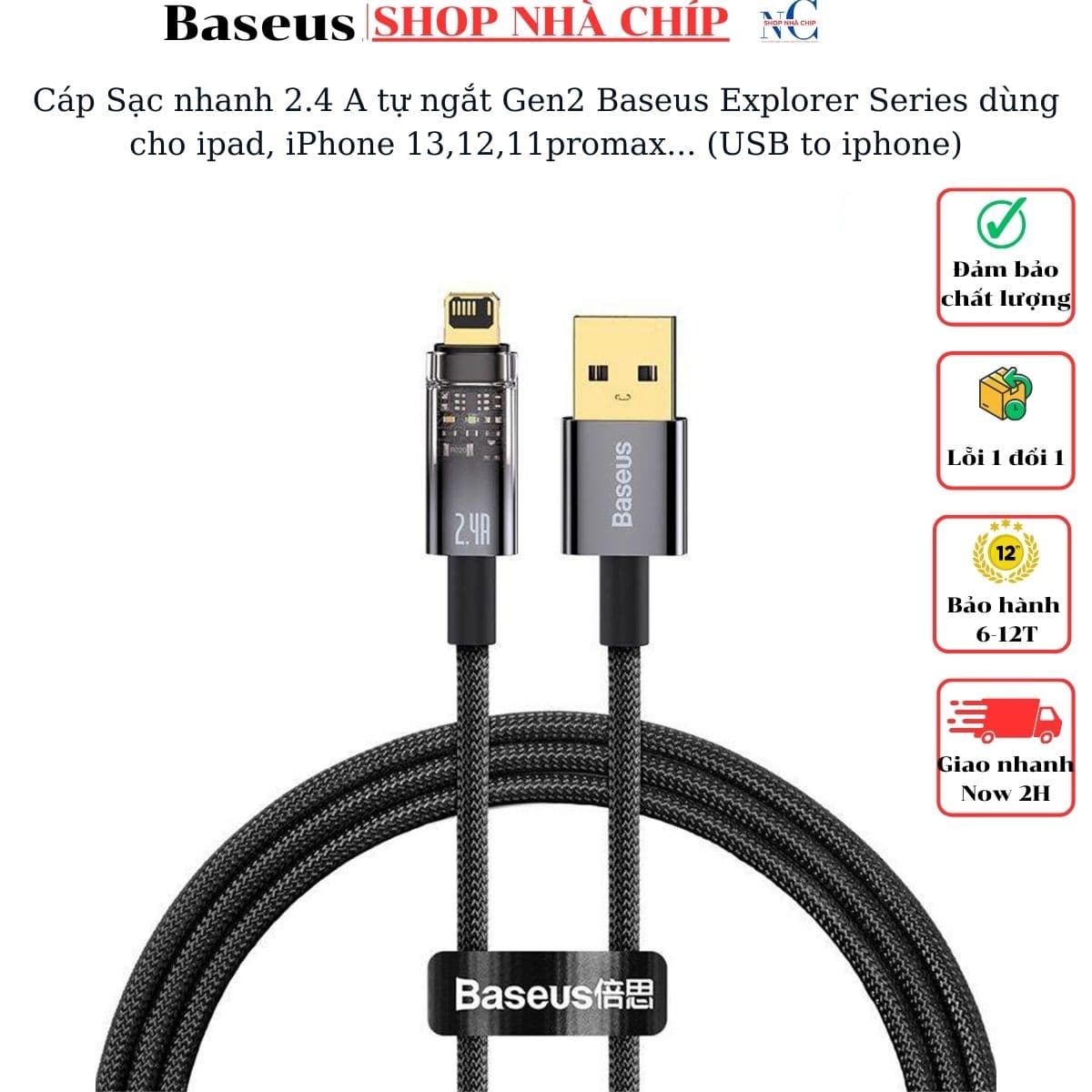 Cáp Sạc nhanh  2.4 A tự ngắt Gen2 Baseus Explorer Series dùng cho ipad, iPhone 13,12,11promax USB to IP, Auto Power-Off, 2.4A Fast Charging & Data Cable- Hàng chính hãng - 2m
