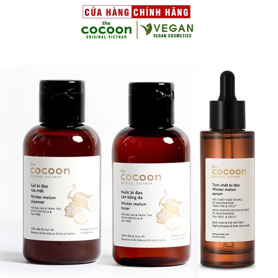 Bộ 3 chăm sóc da mụn Gel rửa mặt bí đao 140ml  Toner bí đao 140ml  Tinh chất bí đao cocoon 70ml
