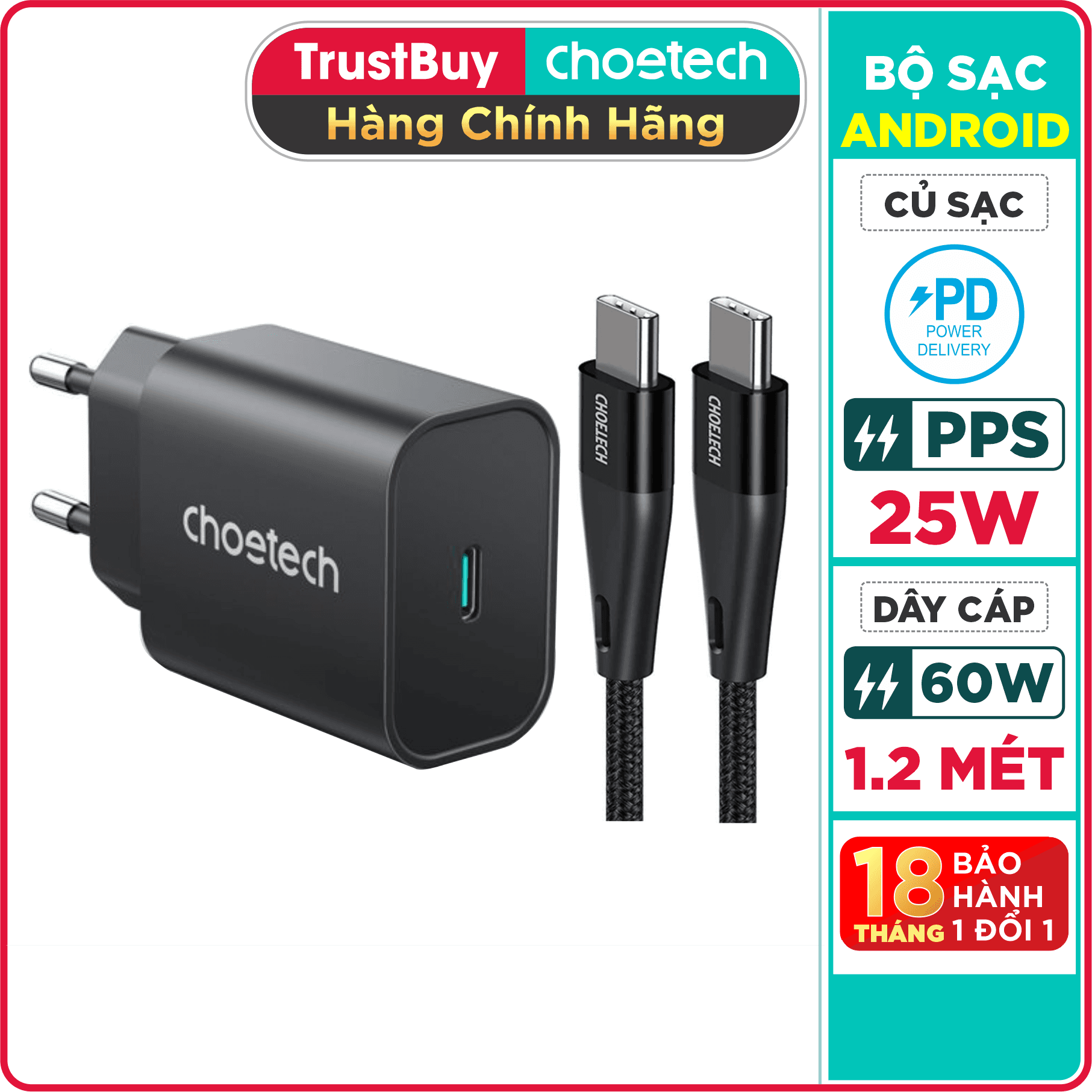 Combo Củ Sạc Nhanh PPS PD 25W CHOETECH PD6003 Và Cáp Type C 60W Dài 1.2m XCC-1003 Cho Điện Thoại Samsung, Oppo, Vivo, Xiaomi - Hàng Chính Hãng