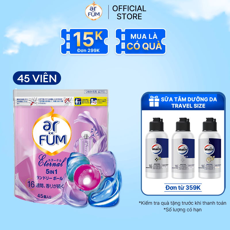 Viên giặt Quần áo arFUM 5 trong 1 MỚI thơm tinh dầu nước hoa, khử khuẩn 99 - 4 mùi hương túi 45 viên - Eternal