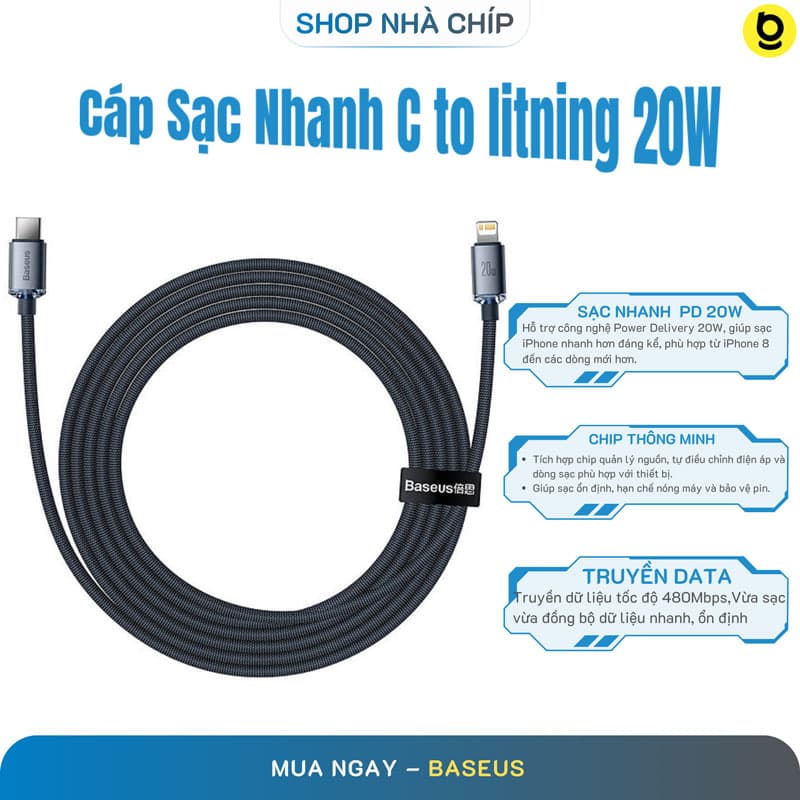 Cáp sạc nhanh, truyền dữ liệu tốc độ cao siêu bền Type C to IP Baseus Crystal Shine Series Fast Charging Data Cable 20W- Hàng chính hãng - 2M