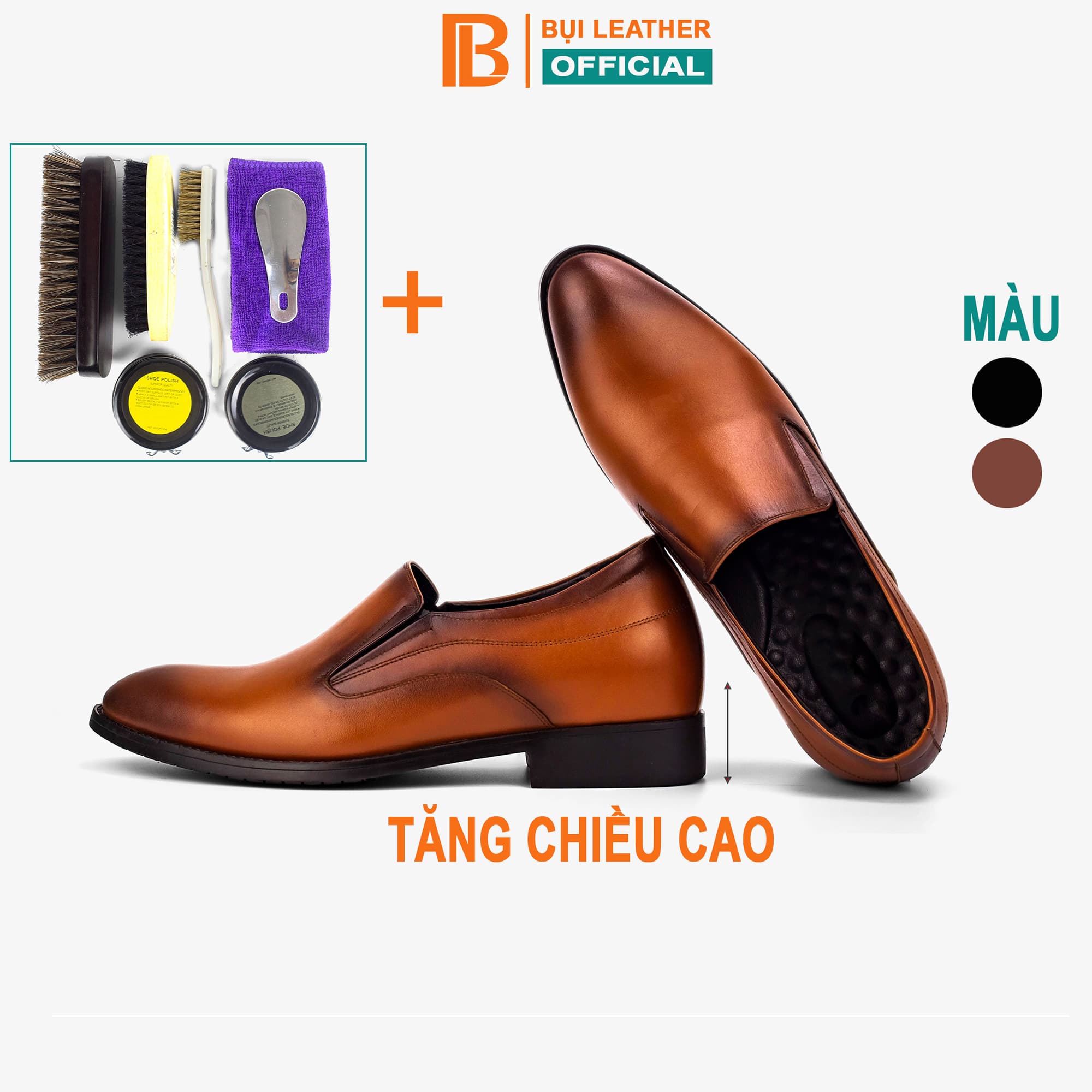 Giày lười da tăng chiều cao nam Bụi Leather G112 - Da bò Nappa cao cấp - Bảo hành 12 tháng - Màu nâuBộ vệ sinh - 39
