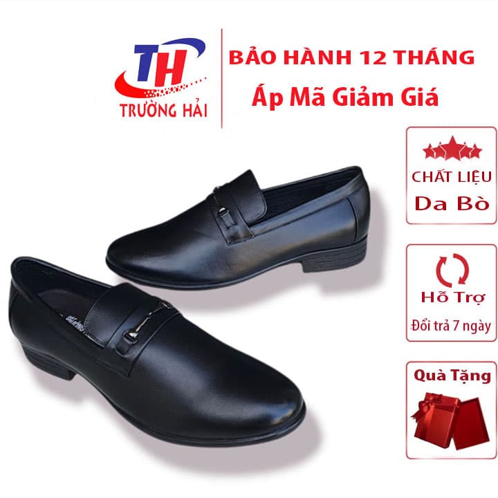 Giày tây nam BIGSIZE Trường Hải mũi nhọn da bò thật Màu đen đế cao su không trơn may chắc chắn GT146 - 47 - ĐEN