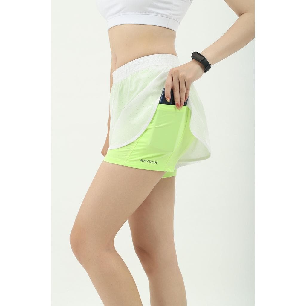 Quần thể thao Nữ Akydo Needle-Hole  Lỗ Kim  2Lớp , Tập Gym, Chạy Bộ,.... - Trắng Xanh Chuối - M