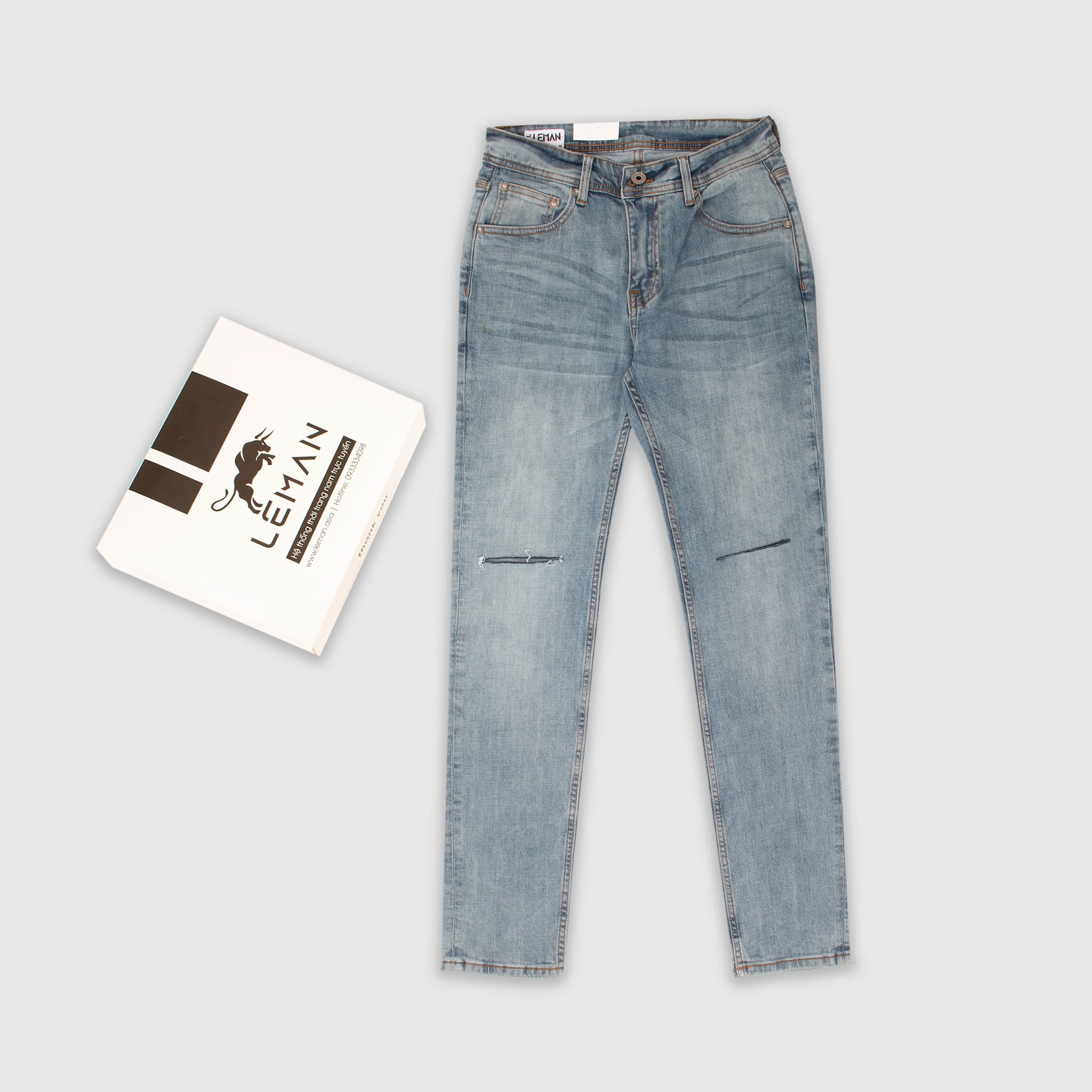 Quần Jean nam Leman xanh bạc rách JD18 - Slim Form - 36 - XANH BẠC