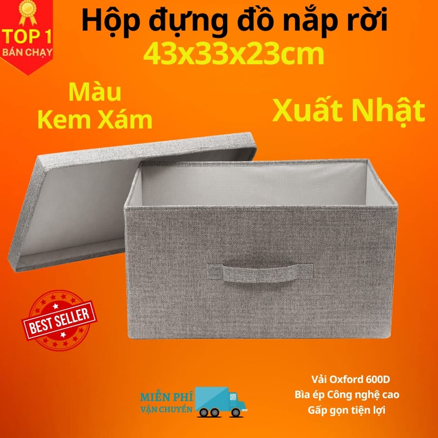 Hộp vải đựng đồ đa năng có nắp TD3a và TD3b  Túi vải Thụy Điển có nắp rời 34L sang trọng vải Oxford chính hãng - Kem Xám Nhạt