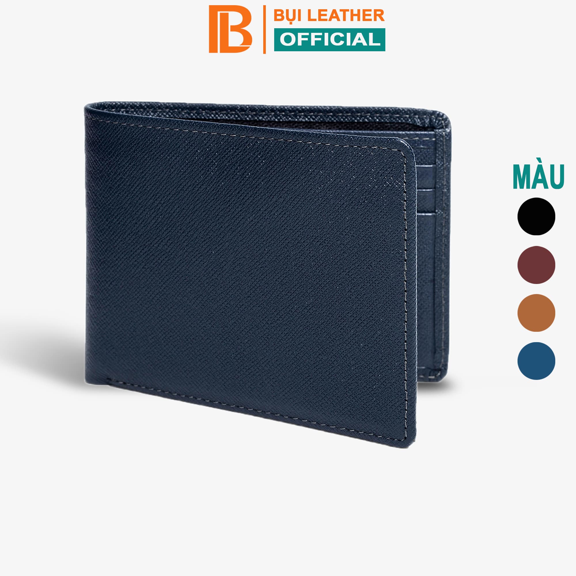 Ví nam, bóp nam da bò Saffiano Bụi Leather V140 - Bảo hành 12 tháng - Ngang xanh navy