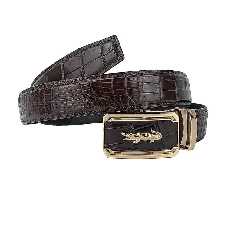 Thắt Lưng Nam Da Cá Sấu Thật KEM Leather HÀNG CAO CẤP Dây Nịt Da Cá Sấu Thật Dây Liền Nguyên Con Phần Da Bụng Trơn Màu Nâu Cao Cấp KEMTL02 Bảo Hành Chính Hãng 24 Tháng - Thắt Lưng Cá Sấu Nâu  Khoá Vàng