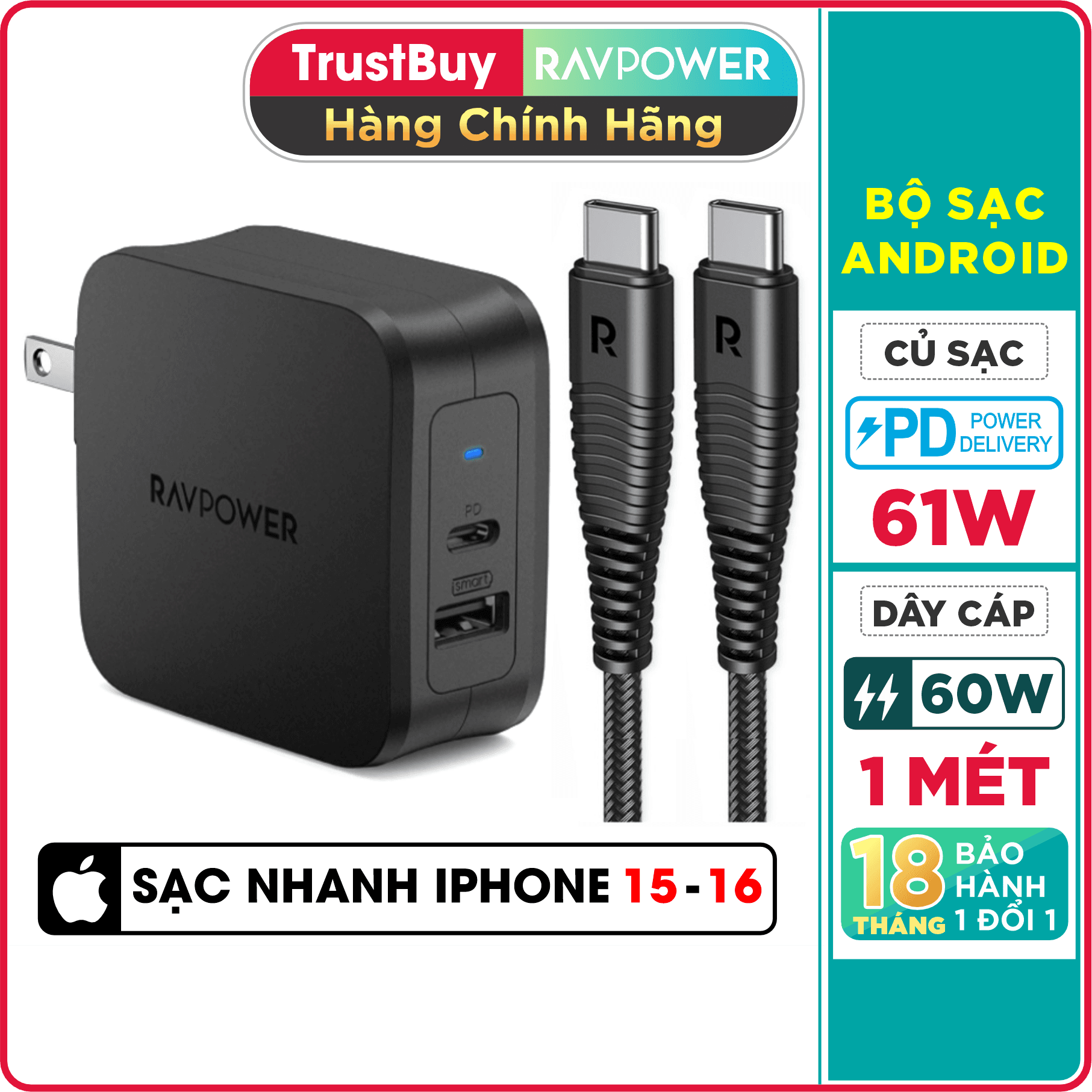 Combo RAVPower Củ Sạc Điện Thoại USB Type-C 61W RP-PC105  Dây Cáp Sạc Type C to Type C RP-CB047 - Hàng Chính Hãng