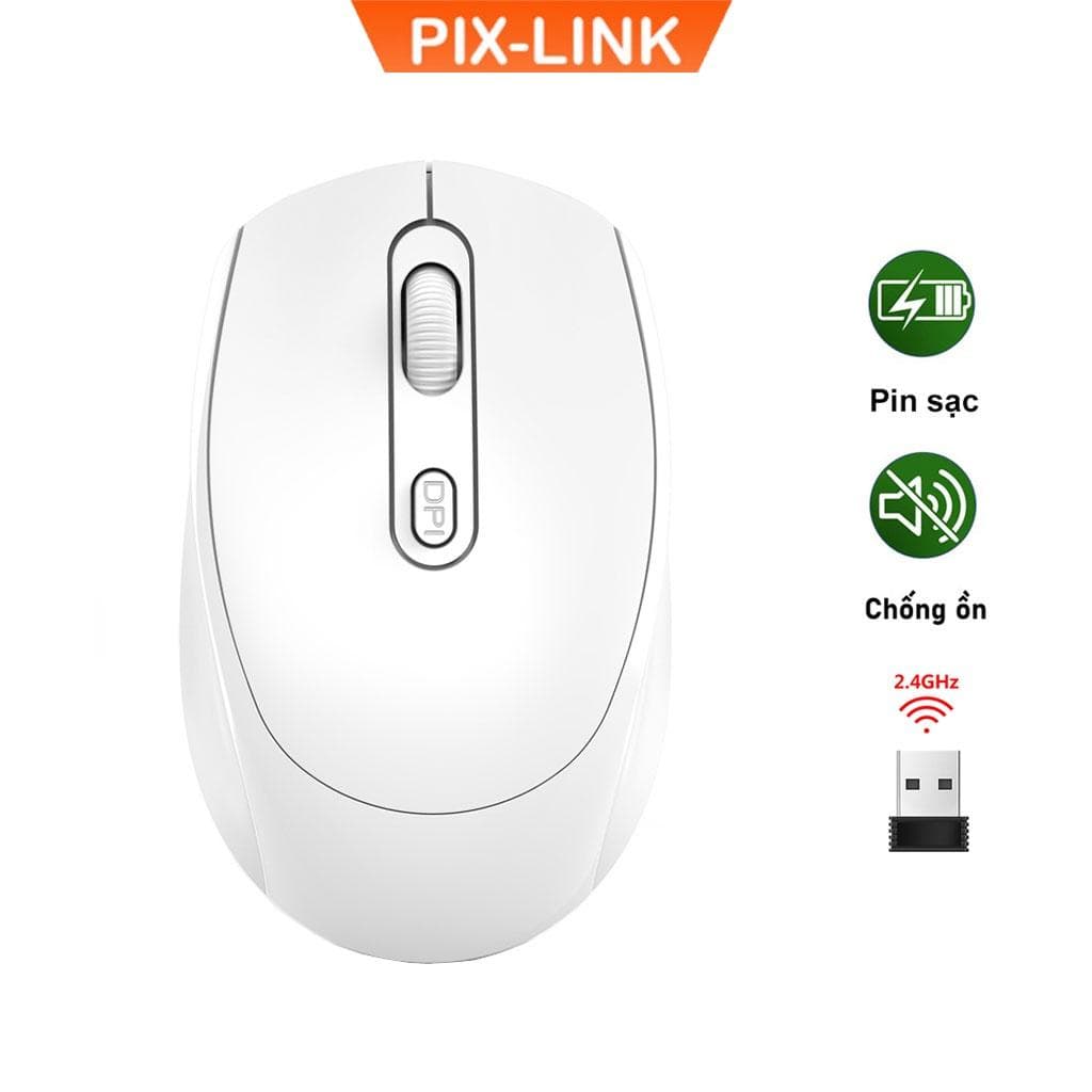 Chuột Không Dây PIX-LINK P100 Wireless 2.4Ghz Sạc Pin, Chống Ồn, DPI1600 Dùng Cho Máy Tính, Laptop, Tivi-Hàng Chính Hãng - Trắng