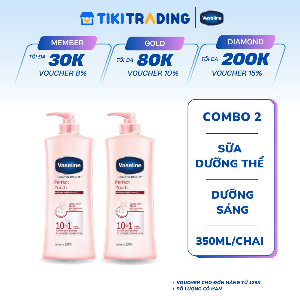 Combo 2 Sữa dưỡng thể với thành phần ngừa lão hóa dưỡng sáng VASELINE Healthy Bright Perfect Youth 350MLchai