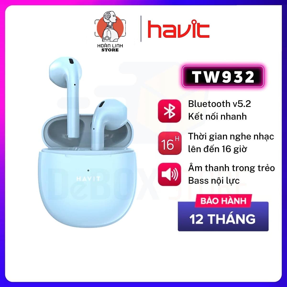 Tai Nghe Bluetooth Không Dây TWS HAVIT TW932 Bluetooth 5.2 - Âm Bass Tăng Cường, Driver 13mm - Hàng Chính Hãng - Xanh