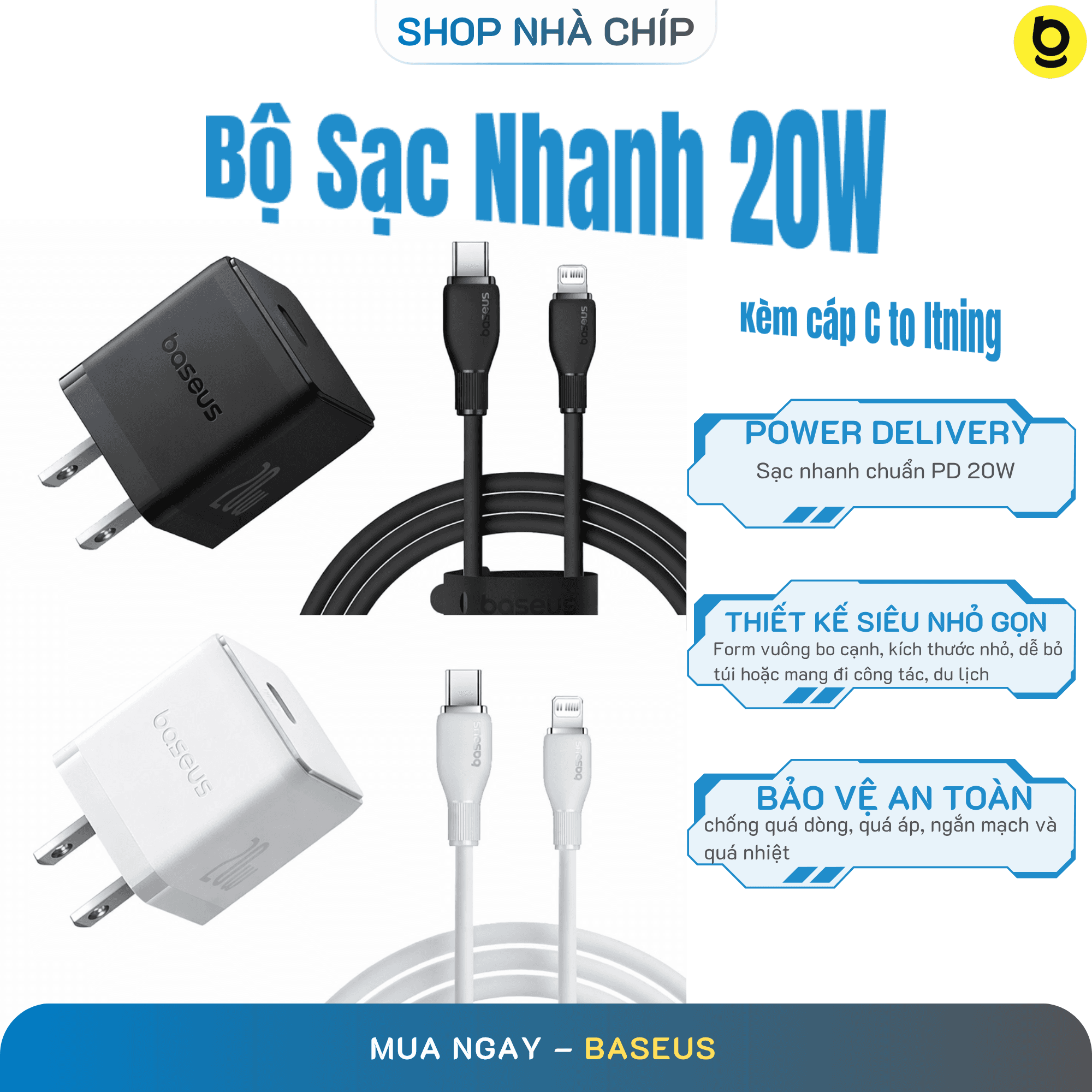 Bộ Cốc sạc và Cáp sạc nhanh Baseus Super Si PD 20W CCCJGCC for iPhone 12 Hàng chính hãng