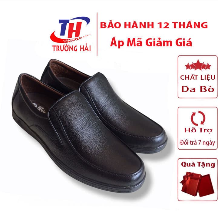 Giày tây nam công sở Trường Hải mũi tròn màu đen da bò thật mềm mại không bong tróc đế cao su chống mòn không trơn GT0231 - Đen - 42