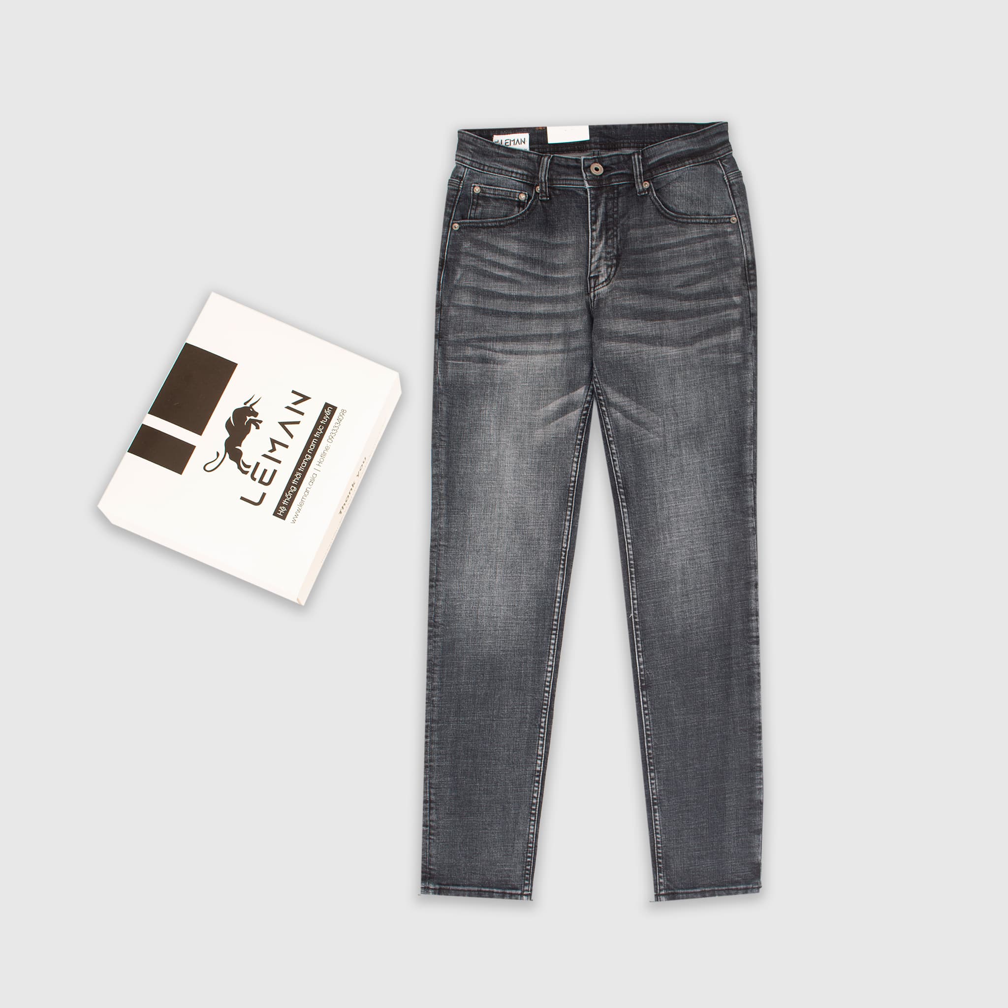 Quần Jean nam Leman đen mài xám JD14 - Slim Form - 34 - Đen mài xám