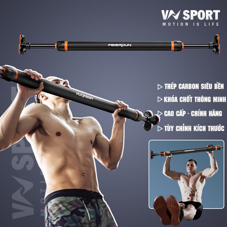 Xà Đơn Gắn Cửa FED-0228  Kích thước 115-140cm Chịu lực 400kg - Có chốt khóa an toàn khi gắn xà - Dễ dàng tháo lắp không cần khoan tường